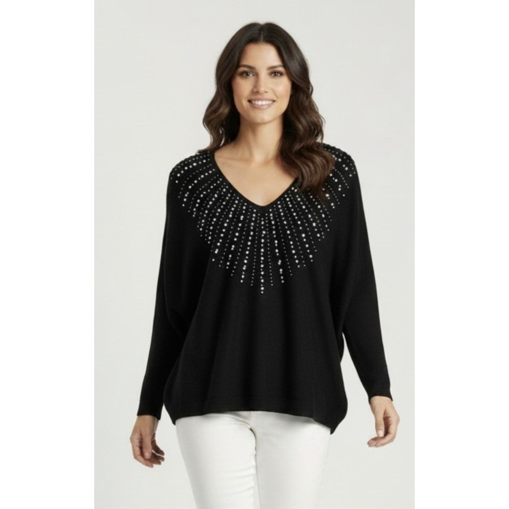 Liv Milano Black V-Neck Pearl Rhinestone Sweater Dressy Soft Dolman Sleeve L